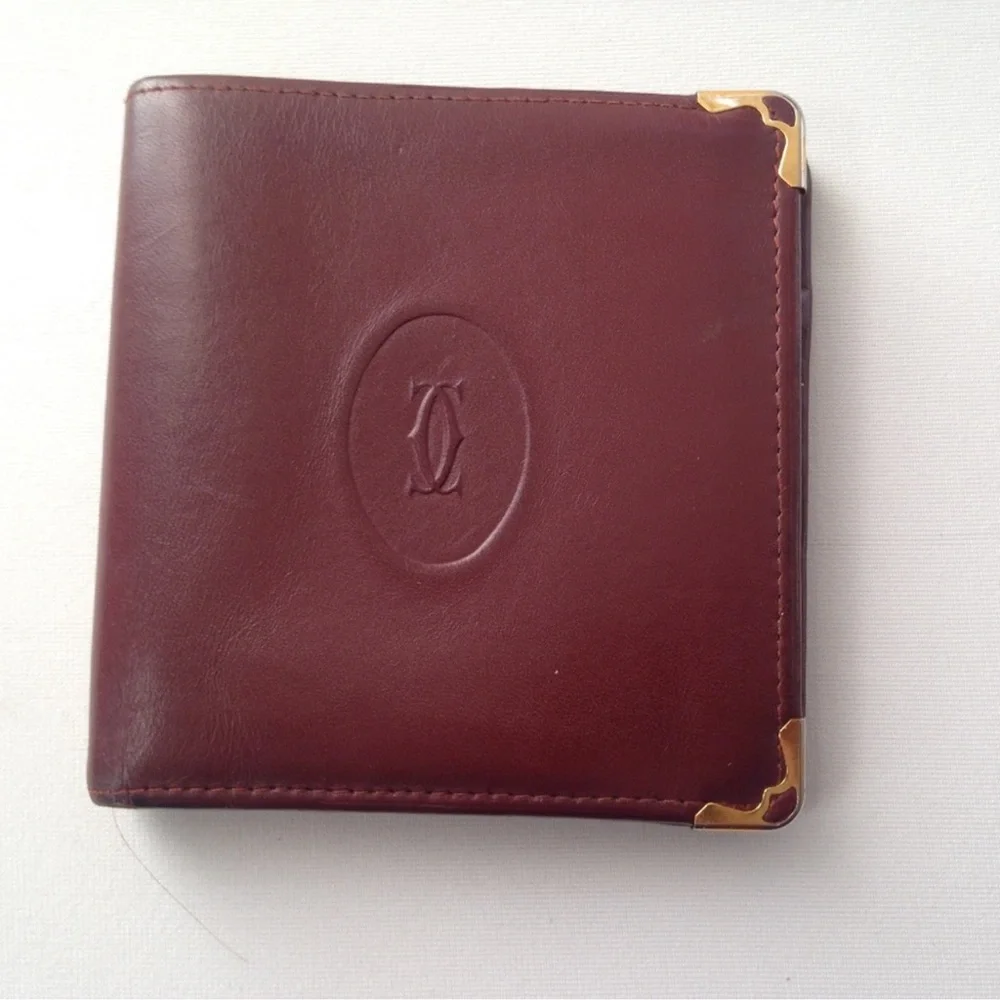 Cartier Bordeaux Red leather wallet vintage square bifold compact.